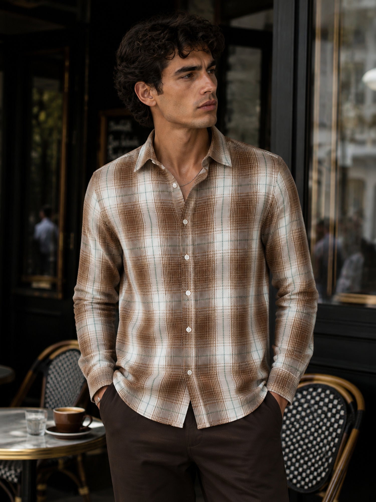 Men Brown Checked Full Sleeve Casual Shirt
