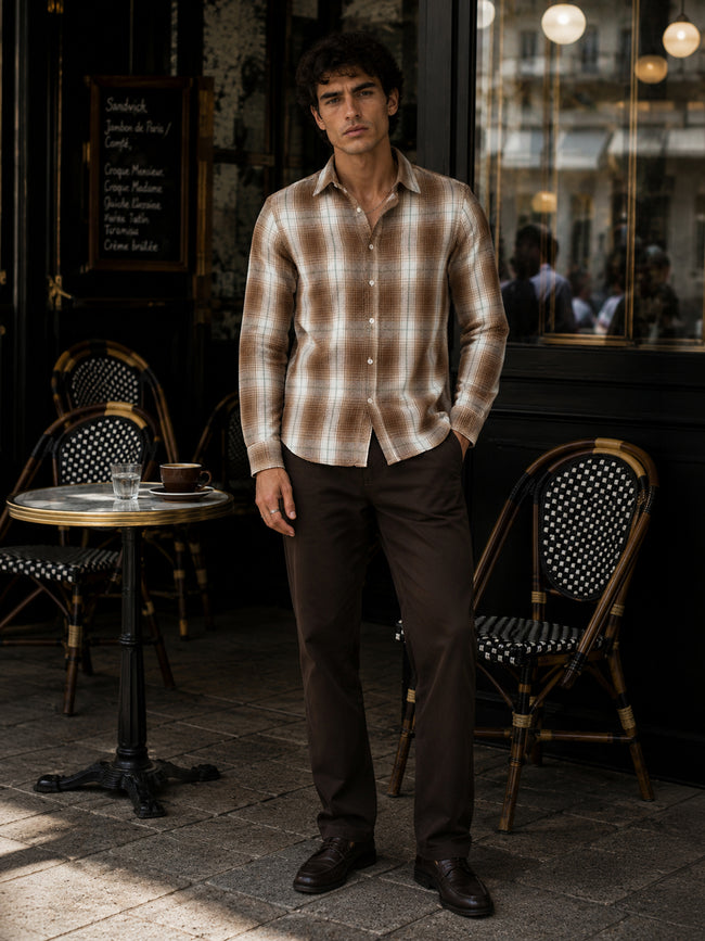 Men Brown Checked Full Sleeve Casual Shirt