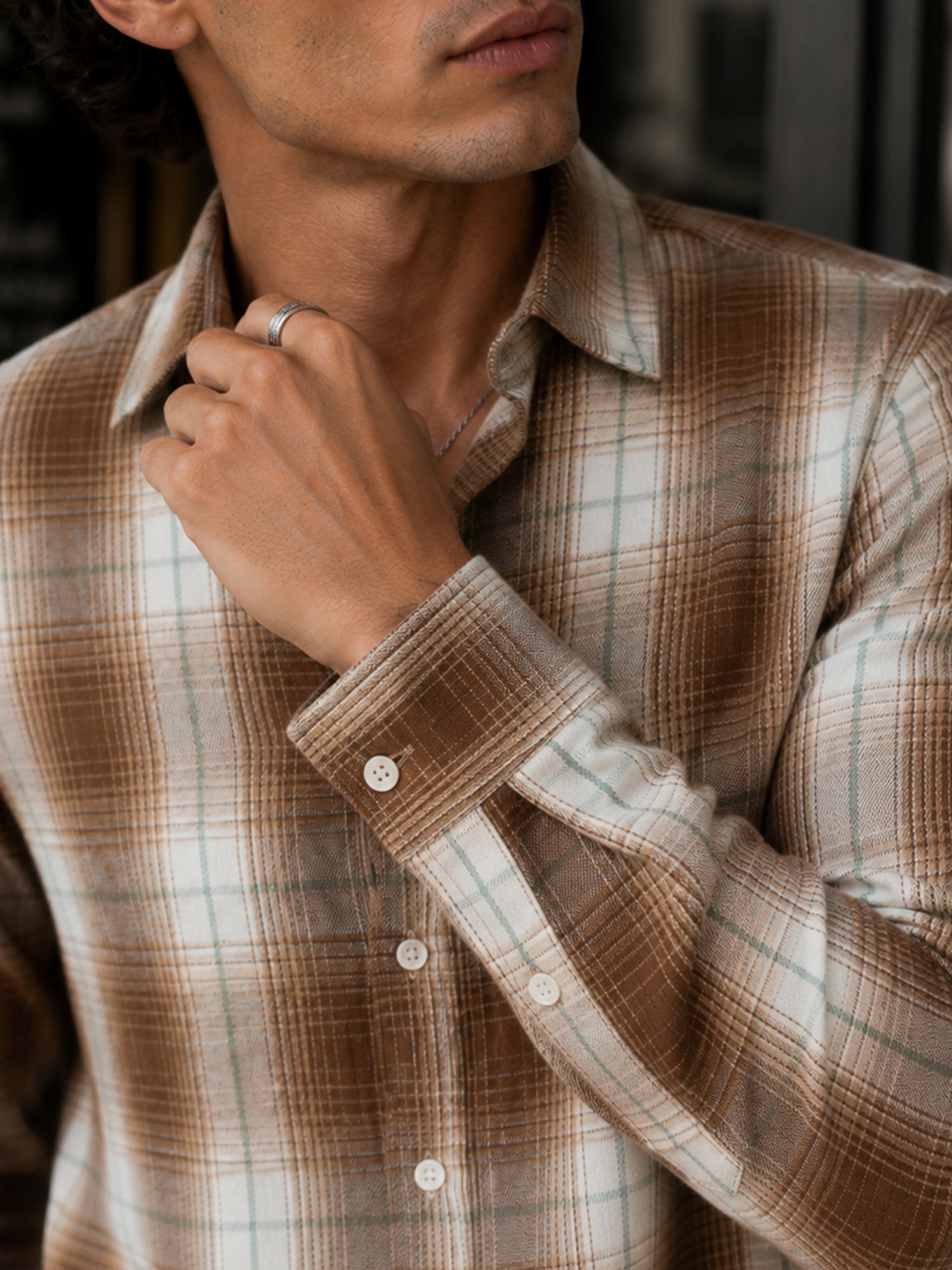 Men Brown Checked Full Sleeve Casual Shirt