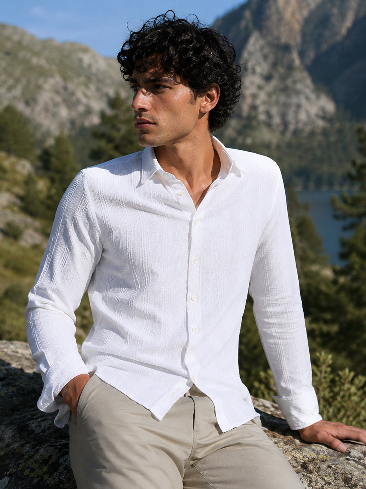 Men White Textured Full Sleeve Everyday Casual Shirt