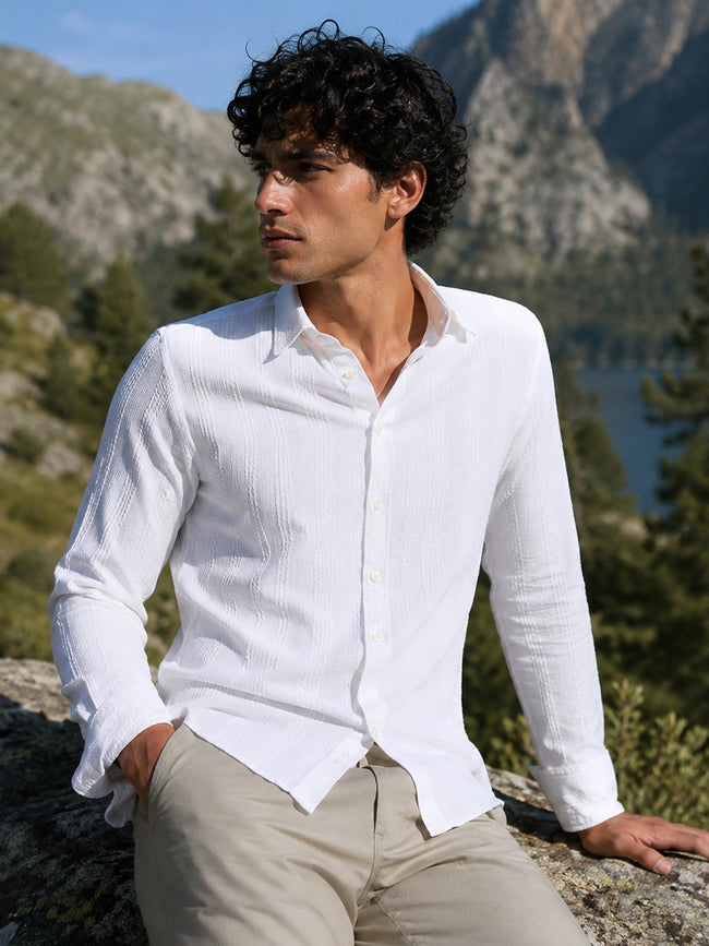 Men White Textured Full Sleeve Everyday Casual Shirt