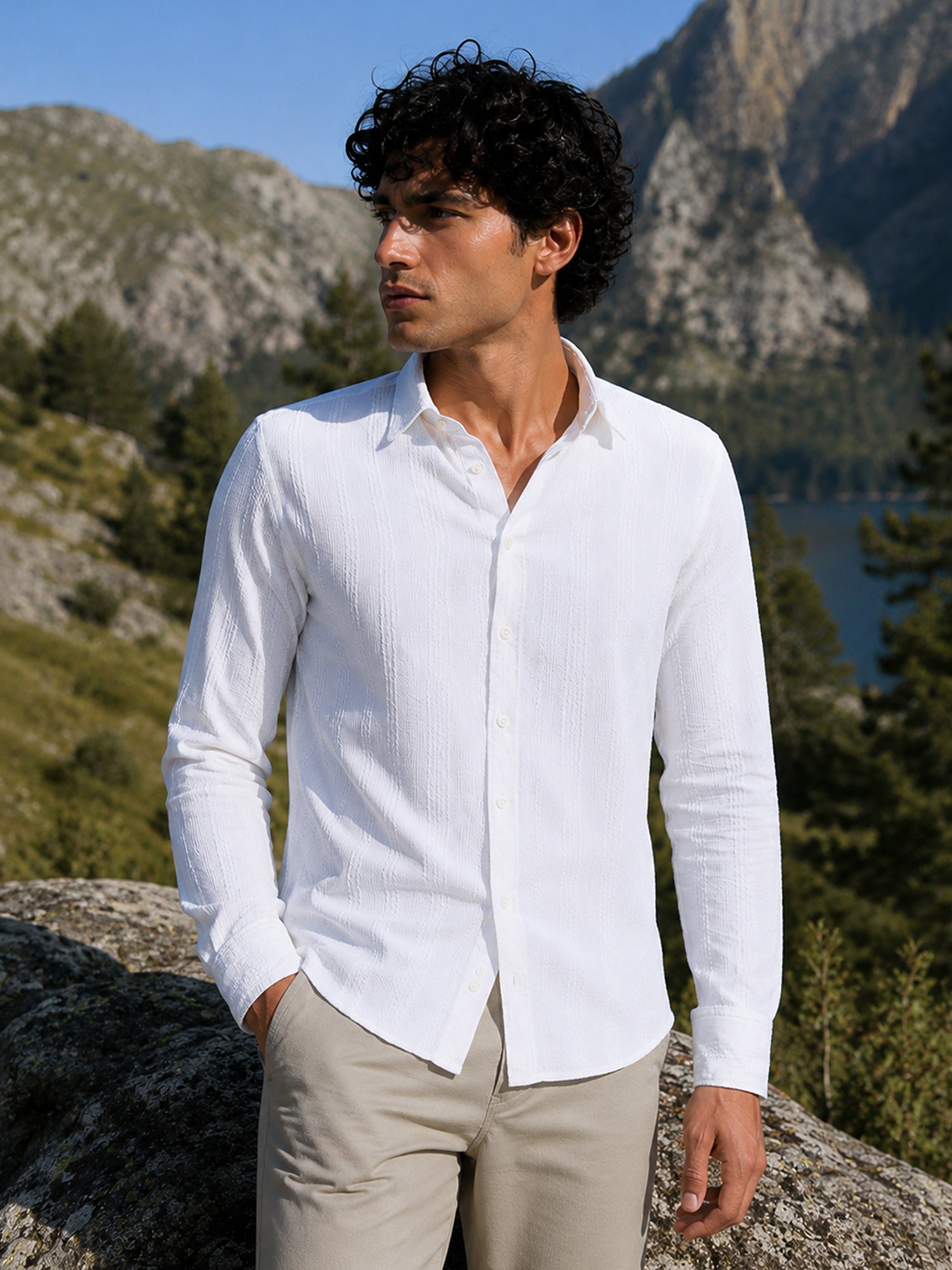 Men White Textured Full Sleeve Everyday Casual Shirt