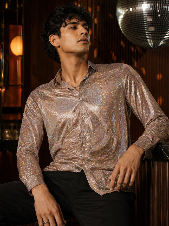 Men Brown Geometric Print Full Sleeve Party Shirt