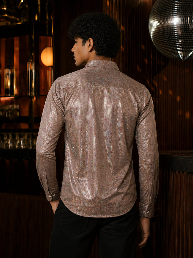 Men Brown Geometric Print Full Sleeve Party Shirt