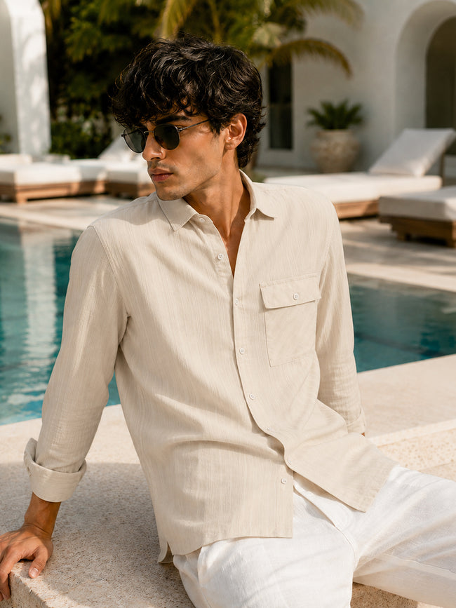 Men Beige Refined Self-Design Casual Shirt