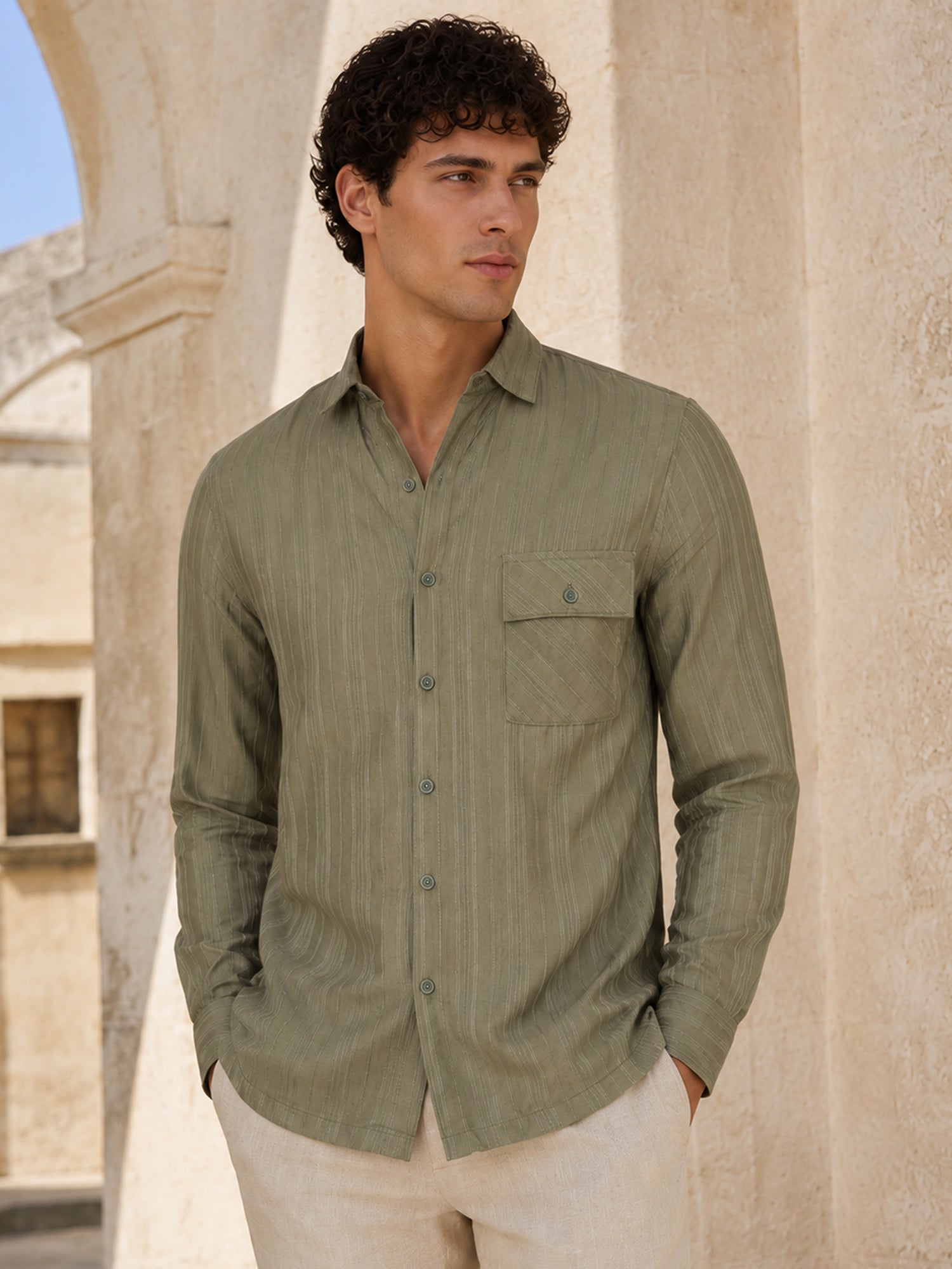 Men Sage Green Self-Design Full Sleeve Casual Shirt