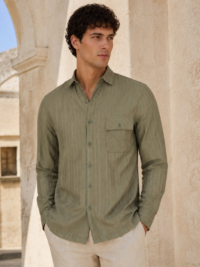 Men Sage Green Self-Design Full Sleeve Casual Shirt