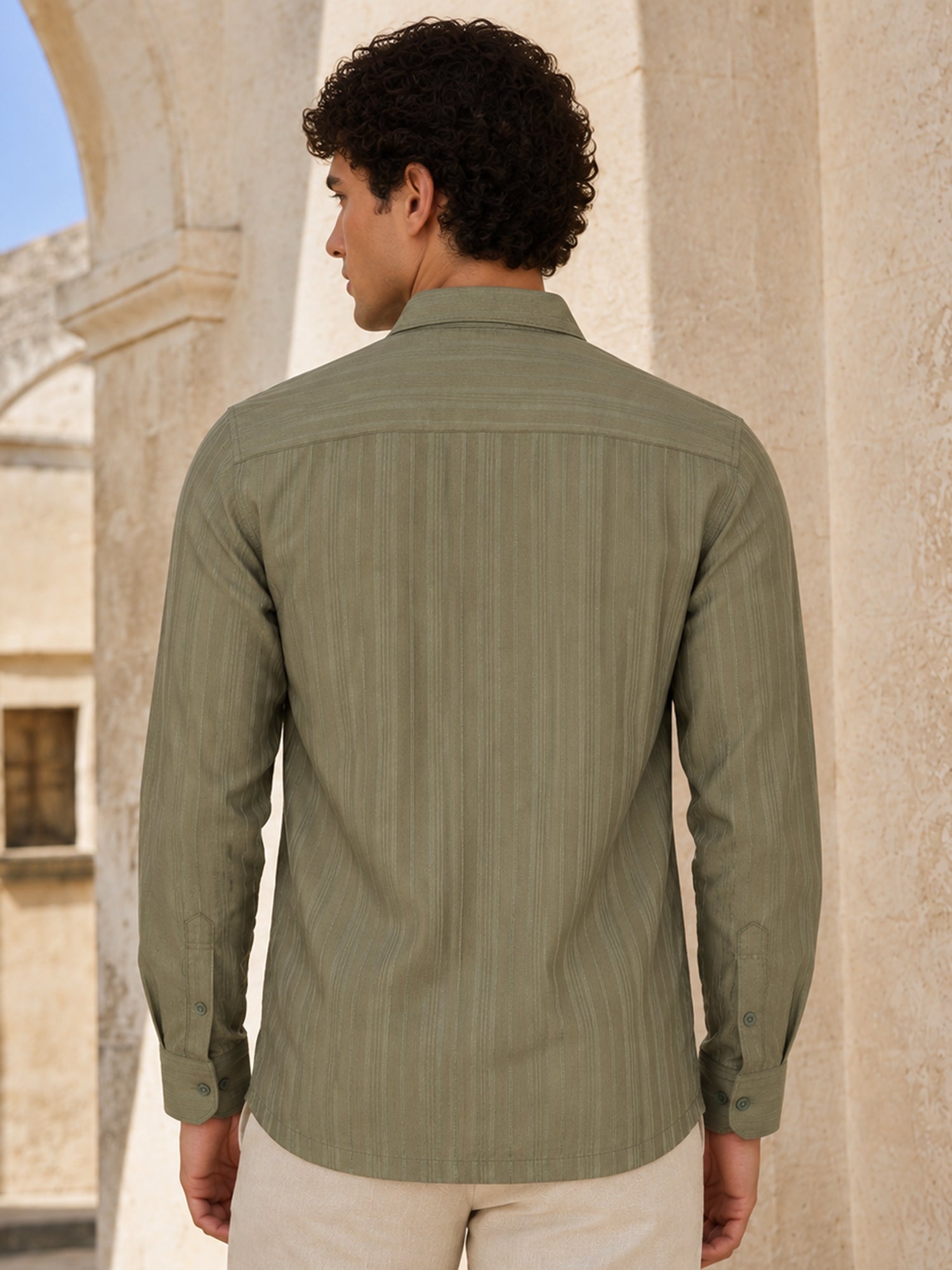 Men Sage Green Self-Design Full Sleeve Casual Shirt
