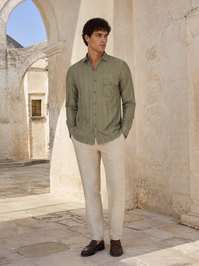 Men Sage Green Self-Design Full Sleeve Casual Shirt
