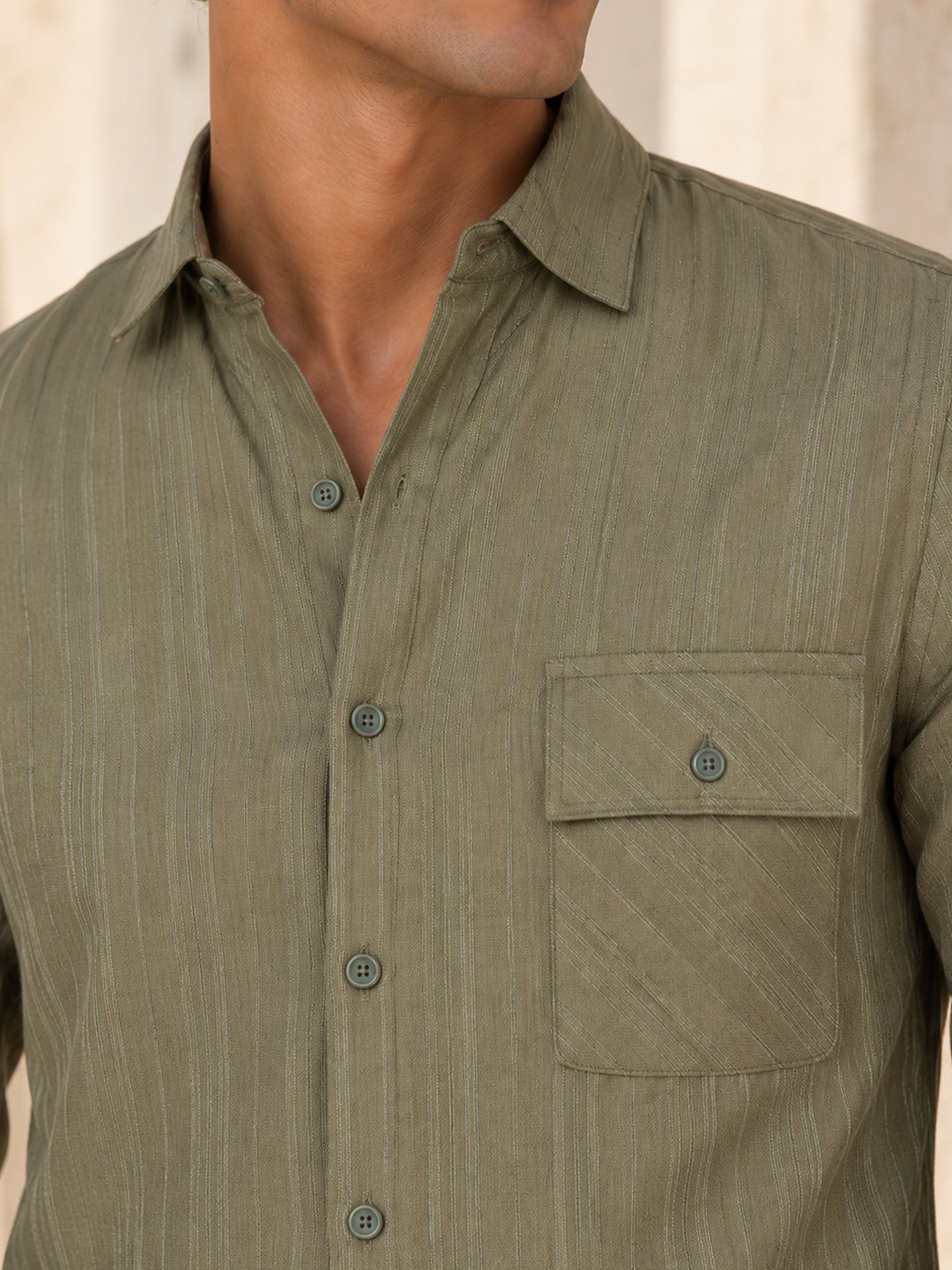Men Sage Green Self-Design Full Sleeve Casual Shirt
