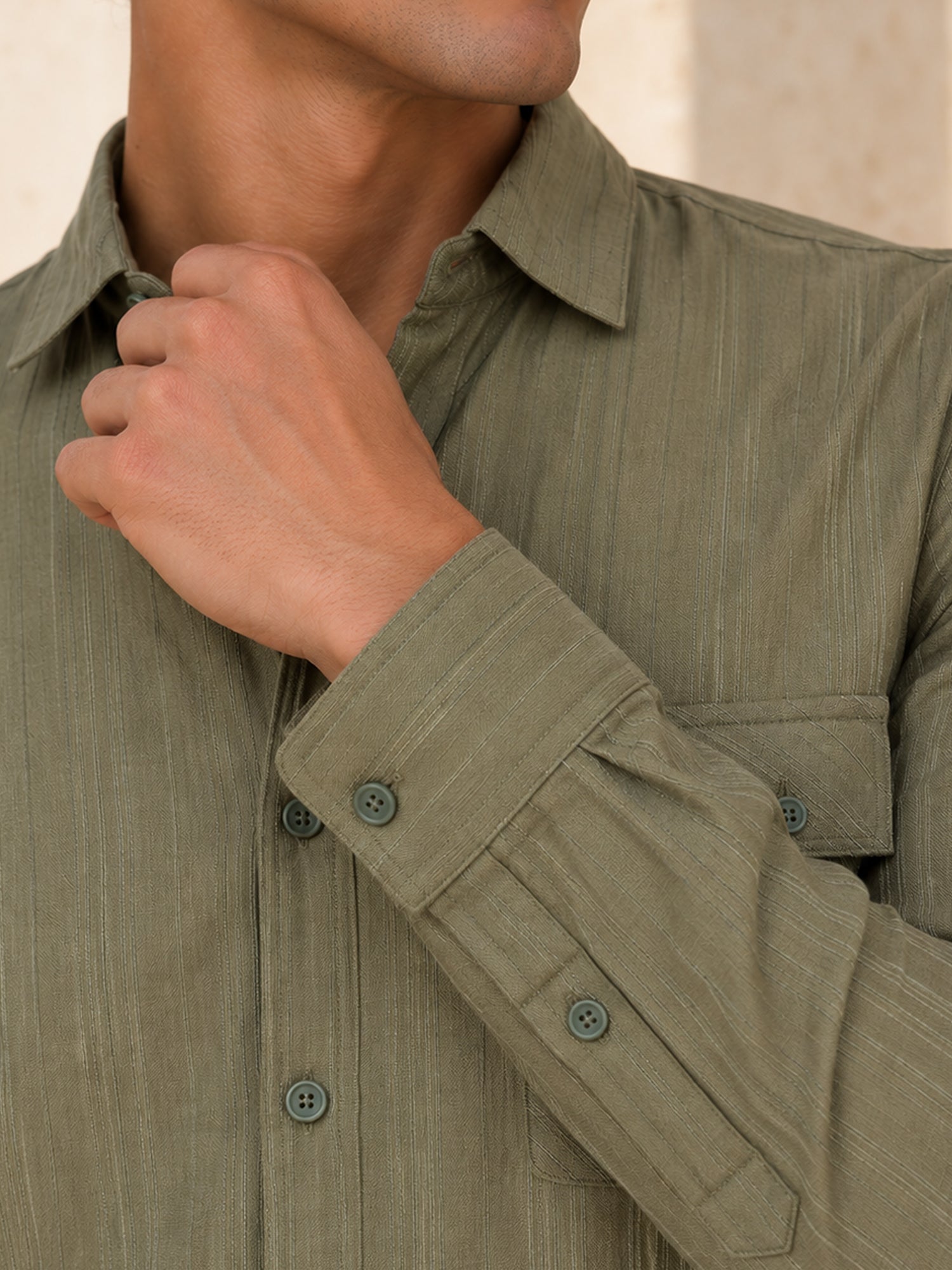 Men Sage Green Self-Design Full Sleeve Casual Shirt