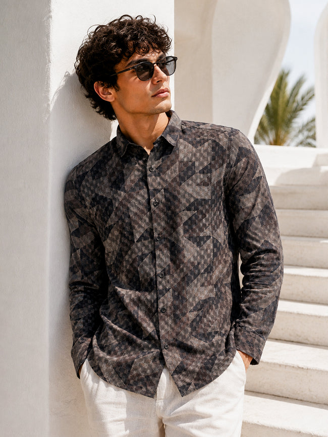 Men Black Geometric Print Full Sleeve Casual Shirt
