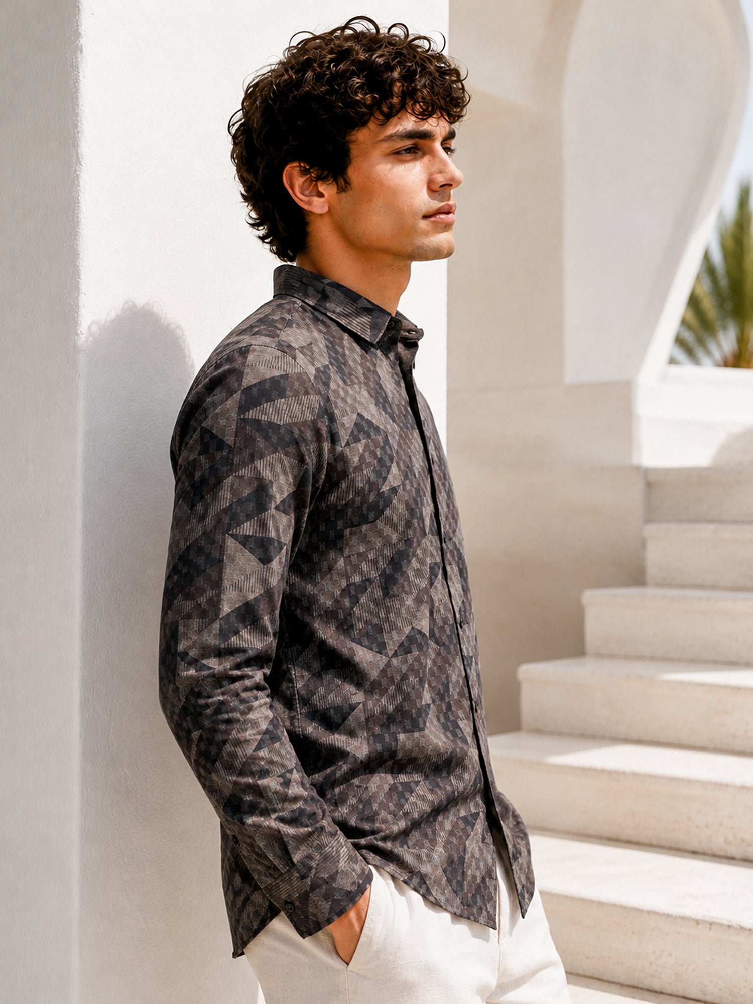 Men Black Geometric Print Full Sleeve Casual Shirt