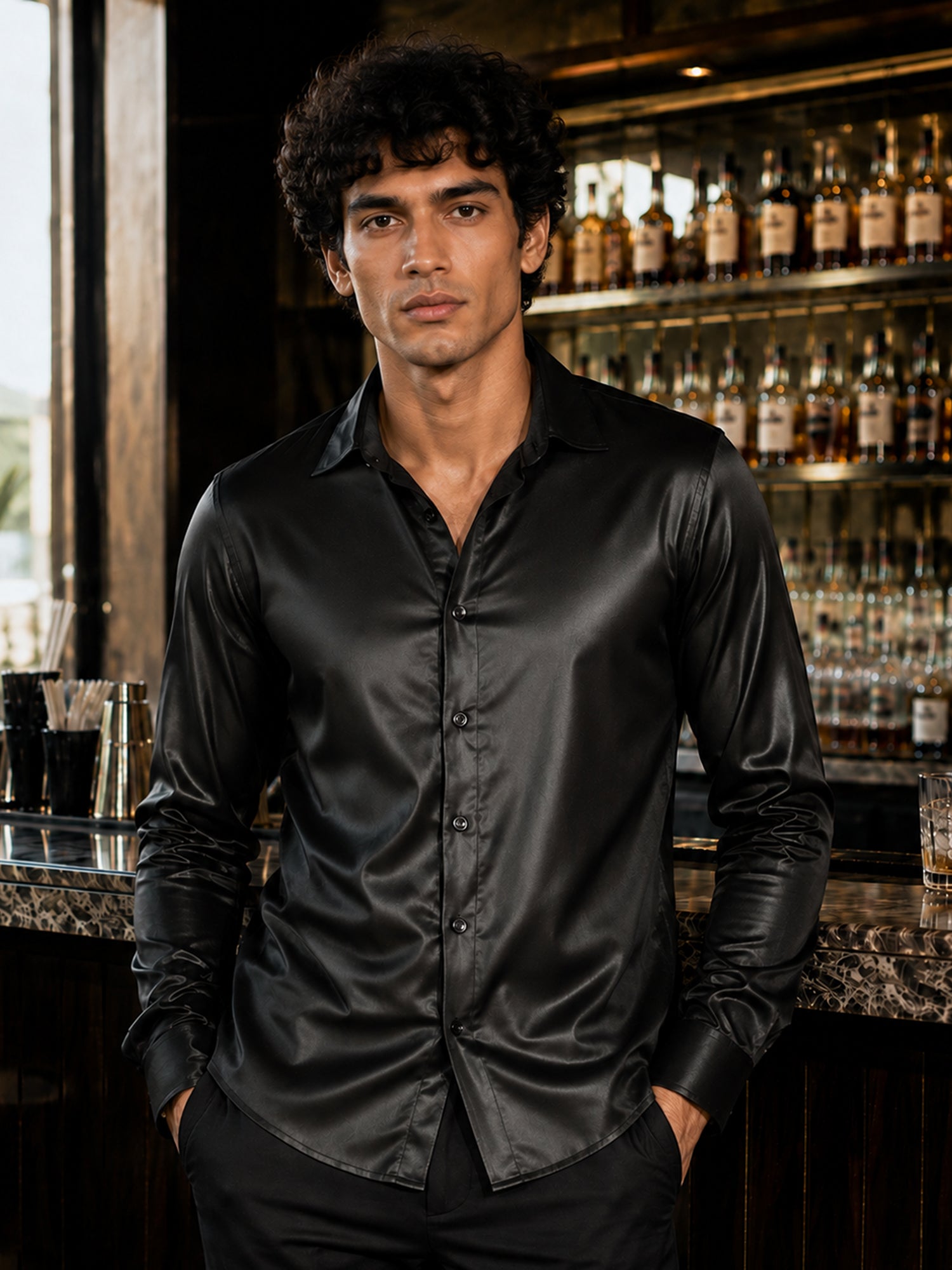 Men Black Solid Slim Fit Full Sleeve Party Shirt