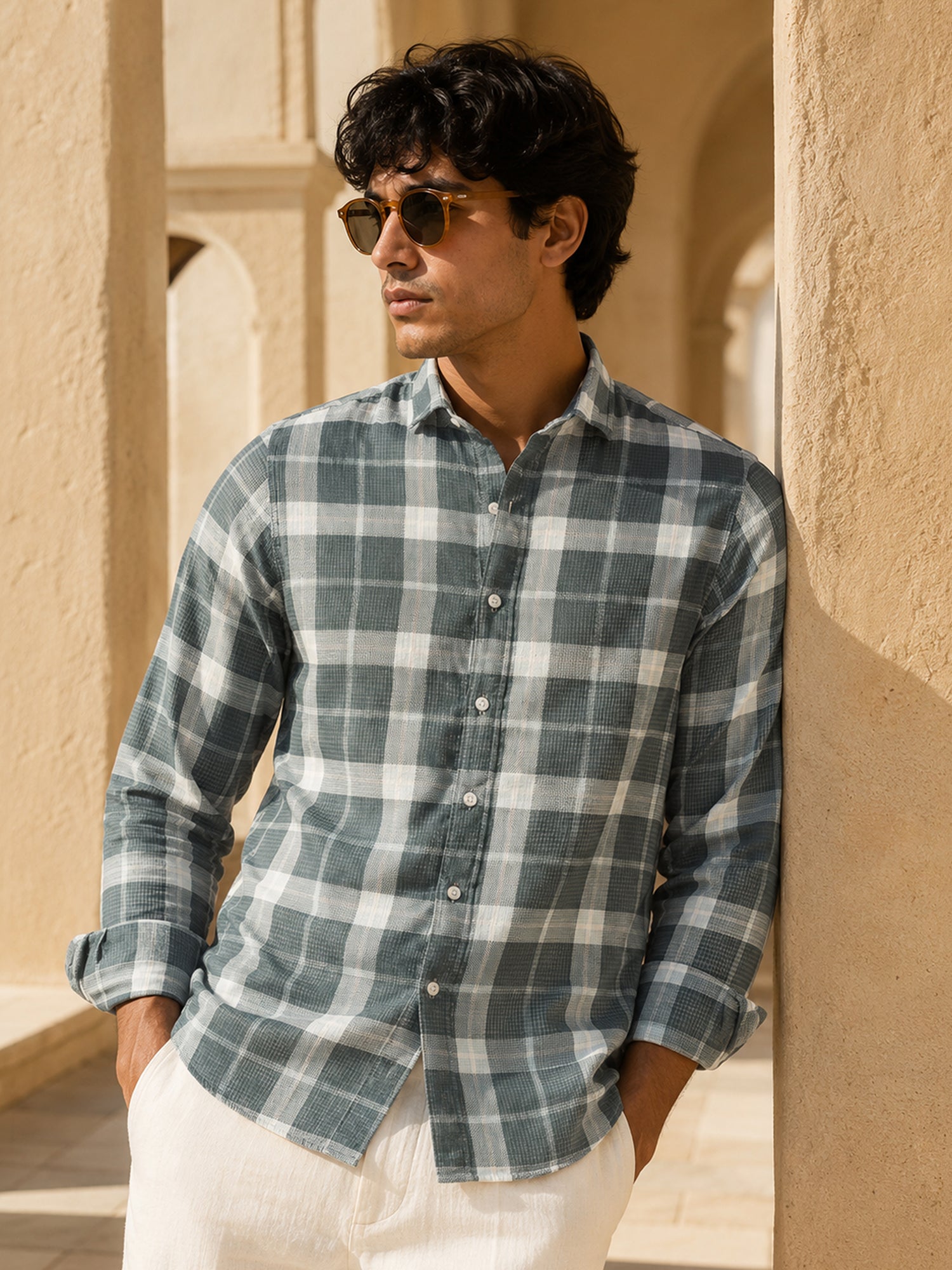 Men Grey Tartan Check Full Sleeve Casual Shirt