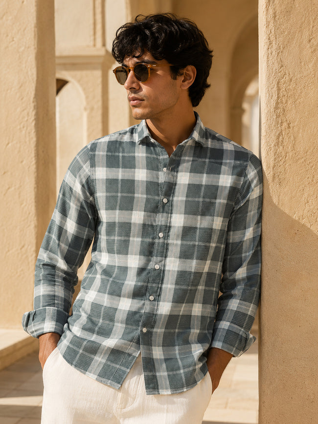 Men Grey Tartan Check Full Sleeve Casual Shirt