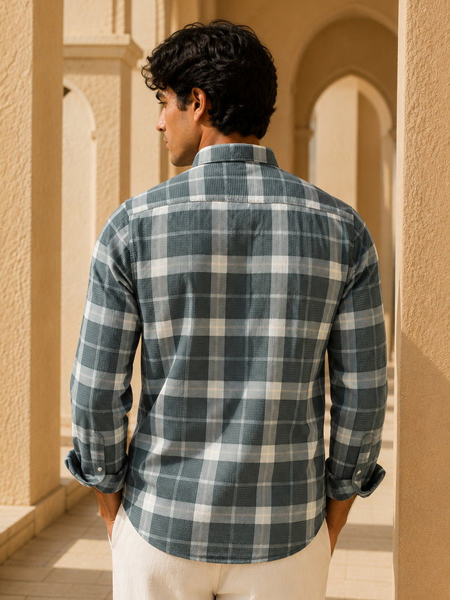 Men Grey Tartan Check Full Sleeve Casual Shirt
