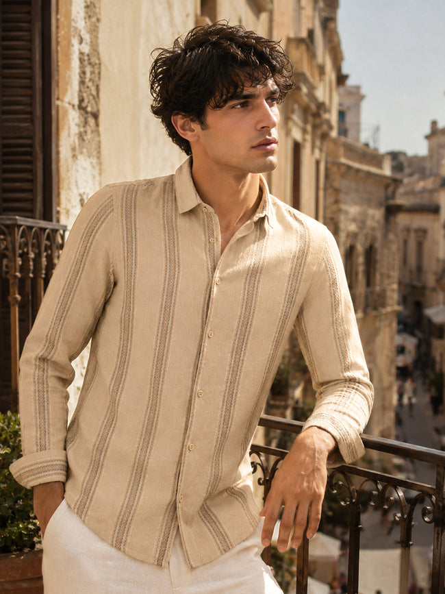 Men Beige Striped Full Sleeve Casual Shirt