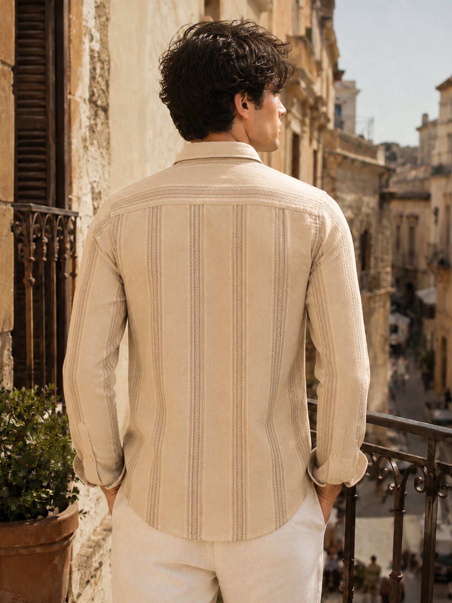 Men Beige Striped Full Sleeve Casual Shirt