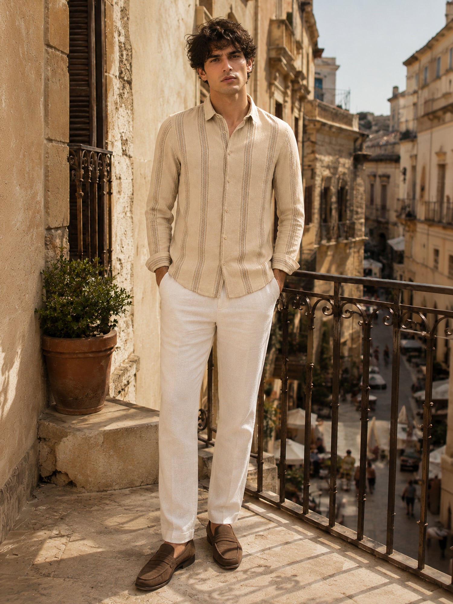 Men Beige Striped Full Sleeve Casual Shirt