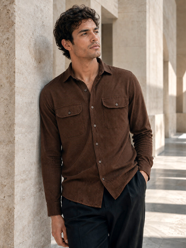 Men Brown Self-Design Full Sleeve Casual Shirt