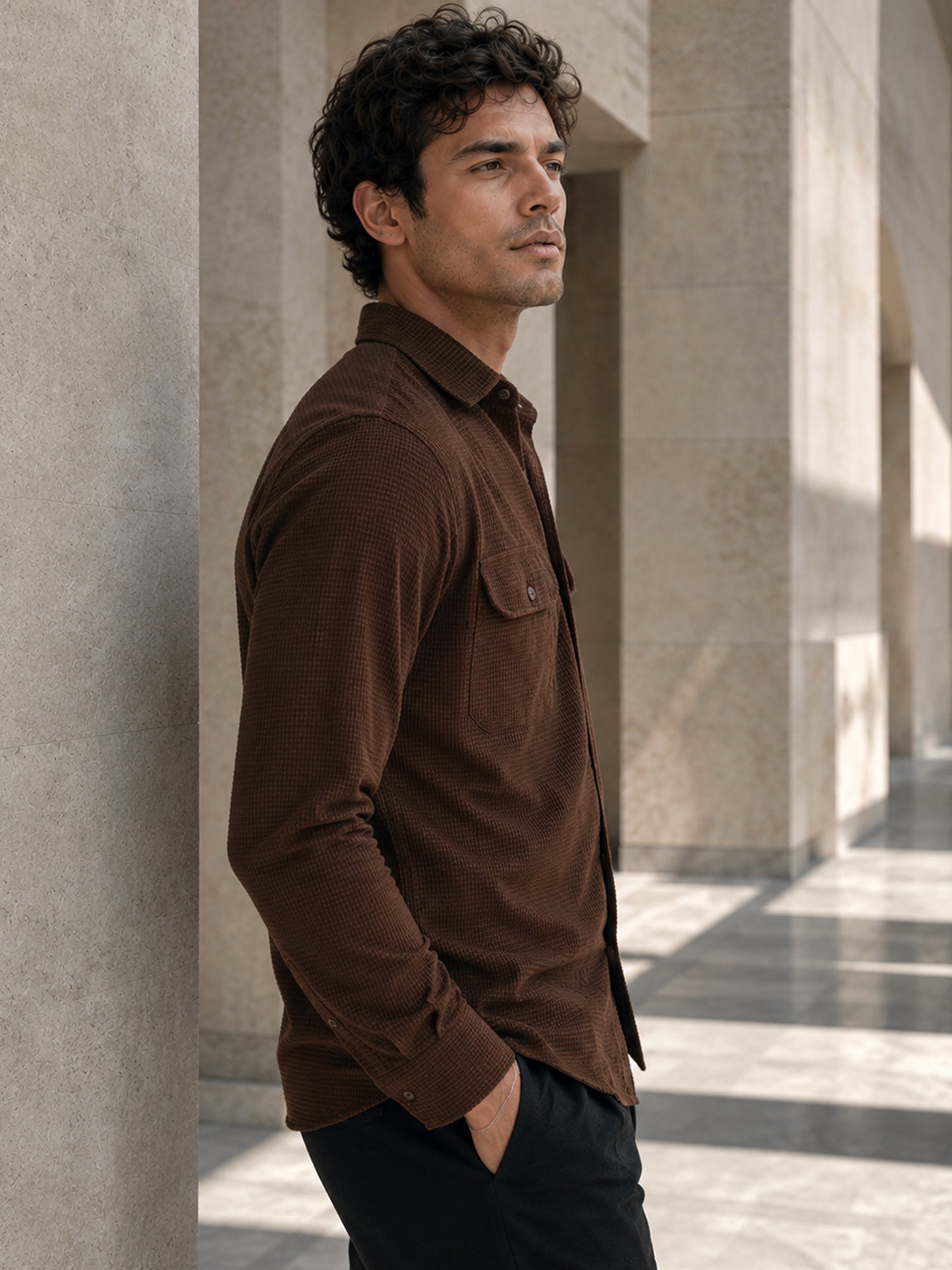 Men Brown Self-Design Full Sleeve Casual Shirt