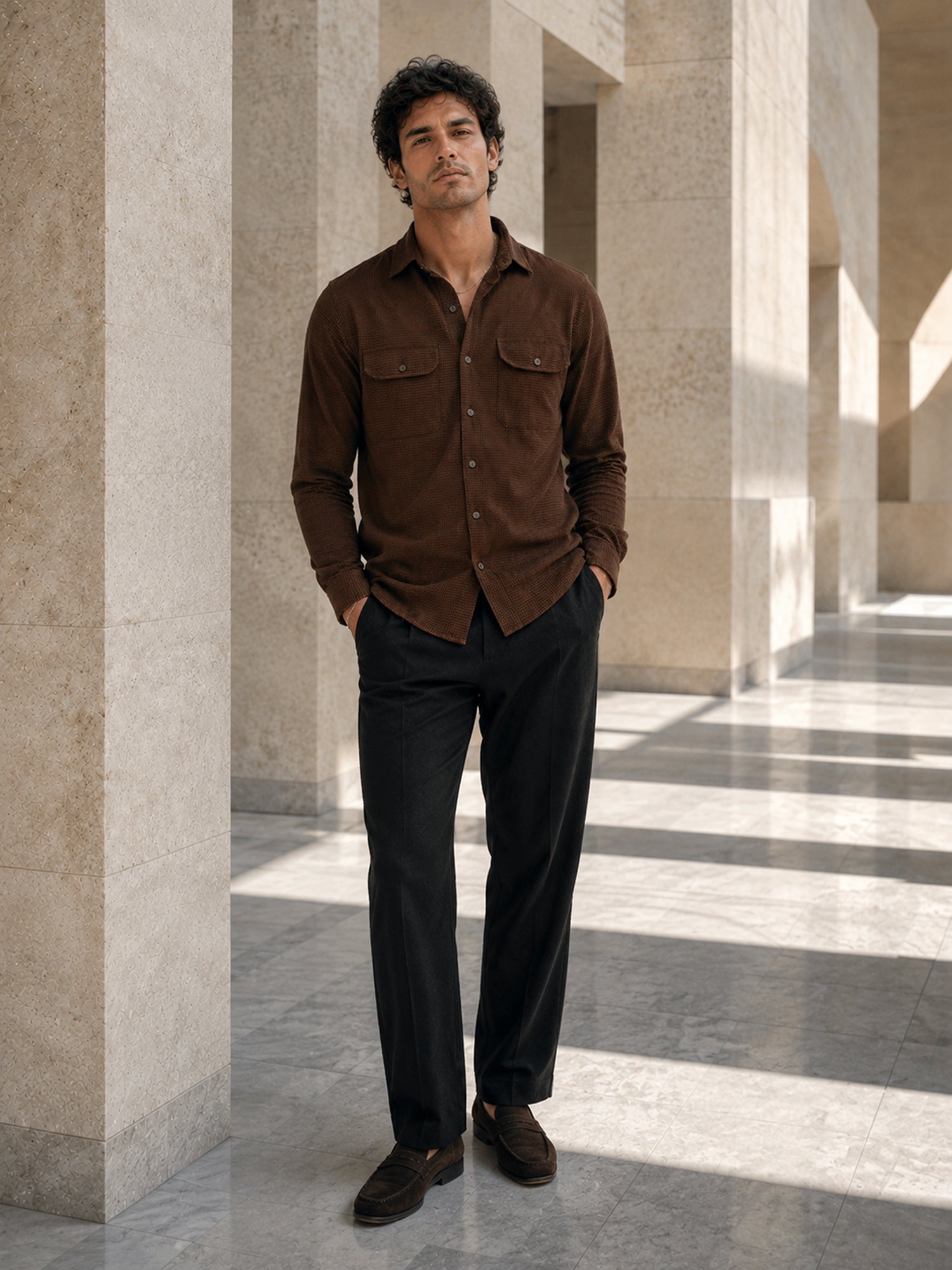Men Brown Self-Design Full Sleeve Casual Shirt