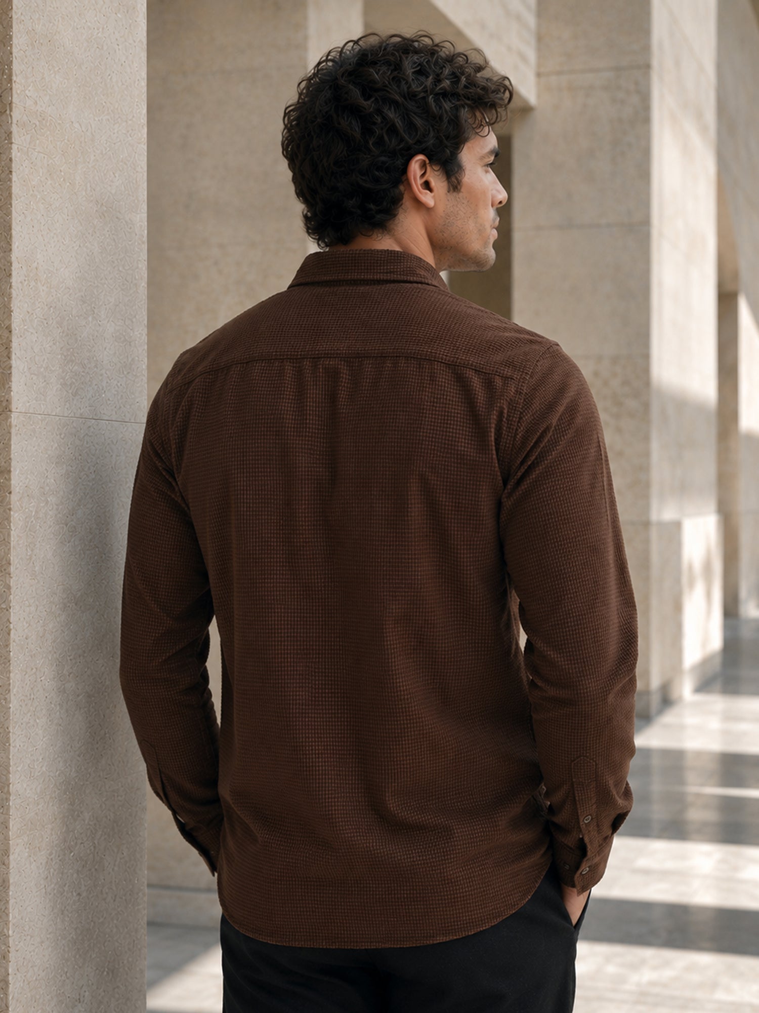Men Brown Self-Design Full Sleeve Casual Shirt