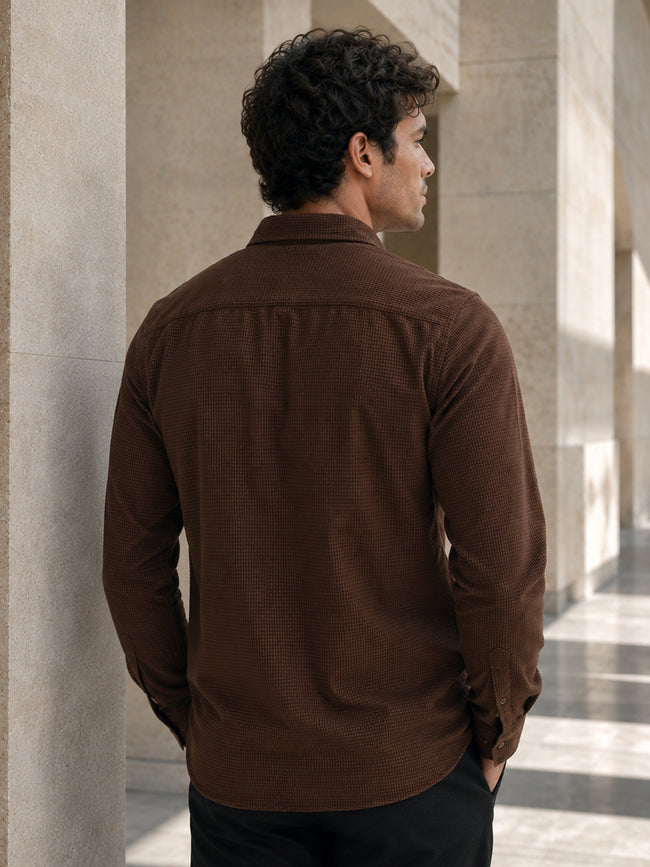 Men Brown Self-Design Full Sleeve Casual Shirt