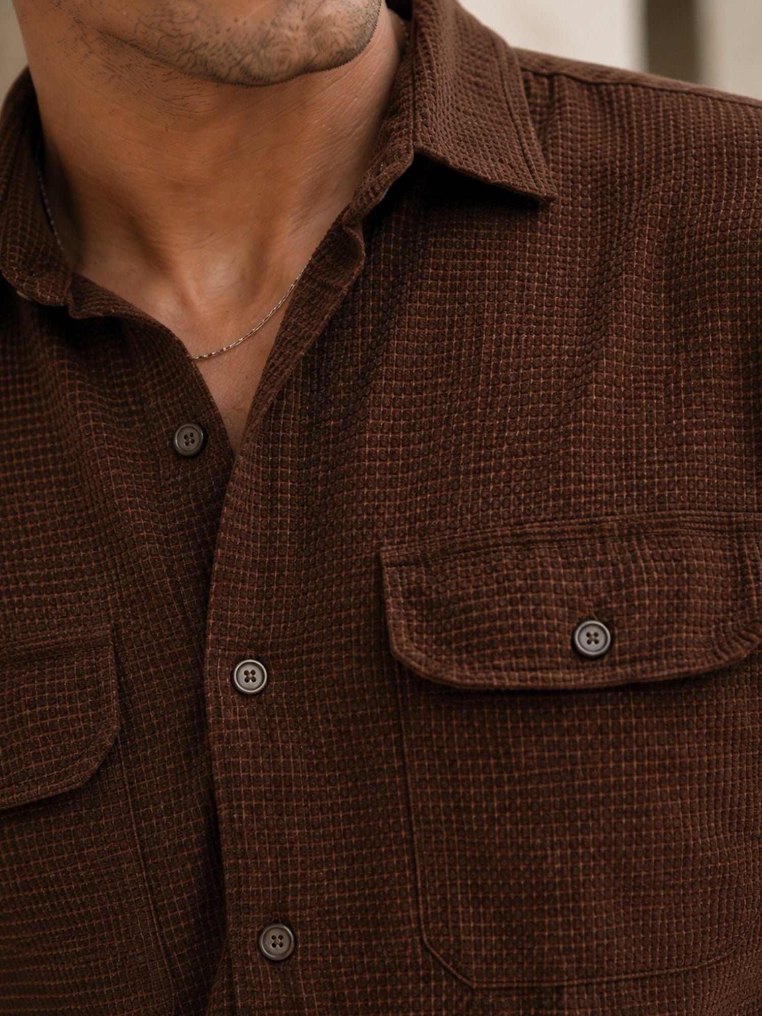 Men Brown Self-Design Full Sleeve Casual Shirt