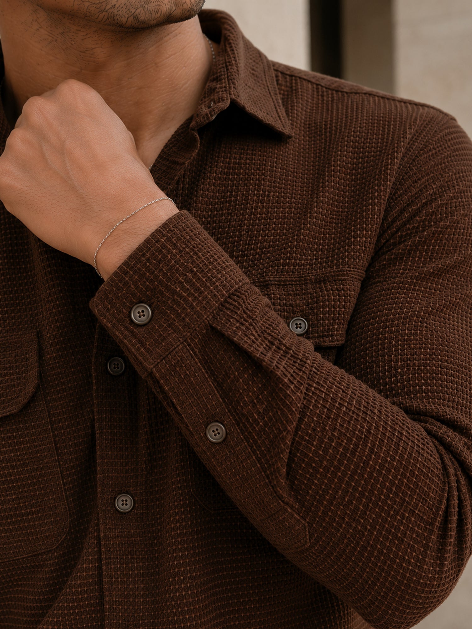 Men Brown Self-Design Full Sleeve Casual Shirt