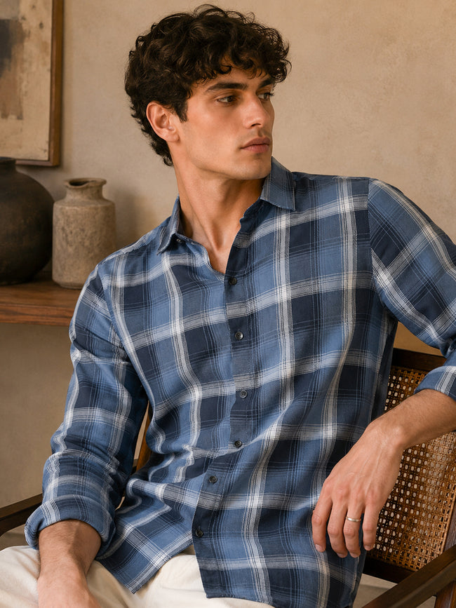 Men Blue Checked Full Sleeve Casual Shirt