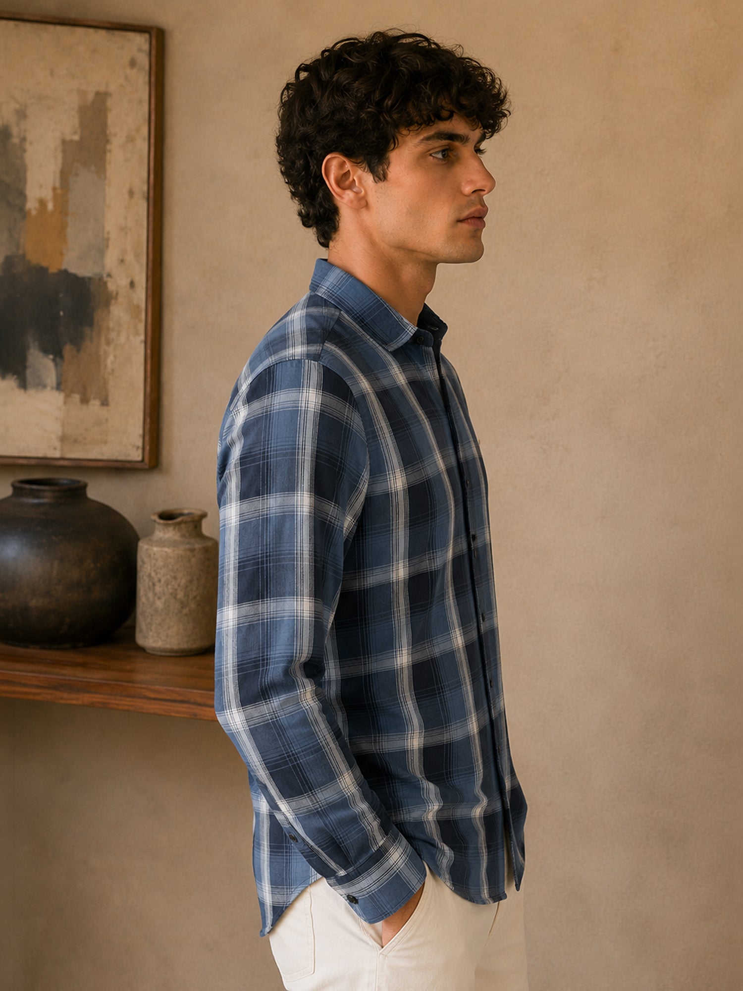 Men Blue Checked Full Sleeve Casual Shirt