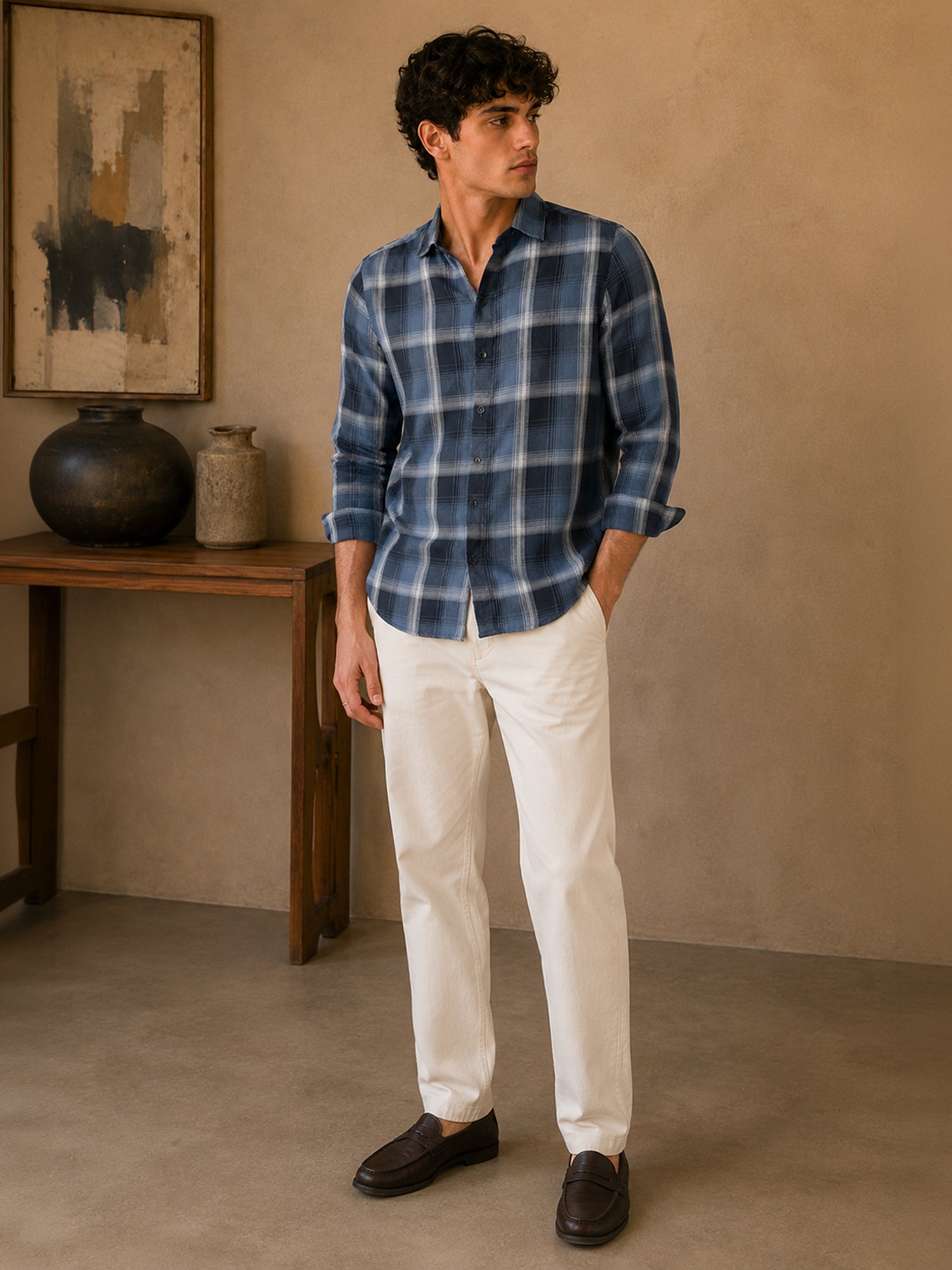 Men Blue Checked Full Sleeve Casual Shirt