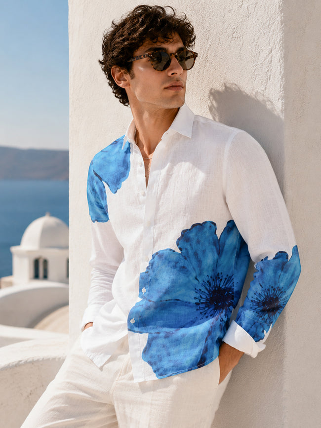 Men White Floral Full Sleeve Smart Casual Shirt