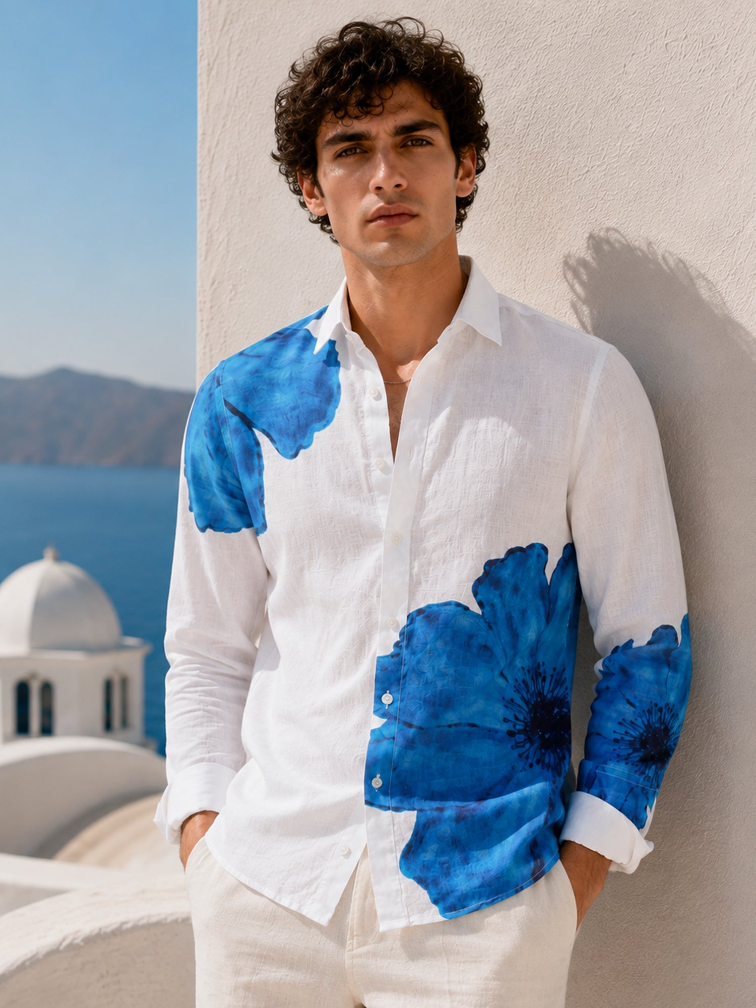 Men White Floral Full Sleeve Smart Casual Shirt