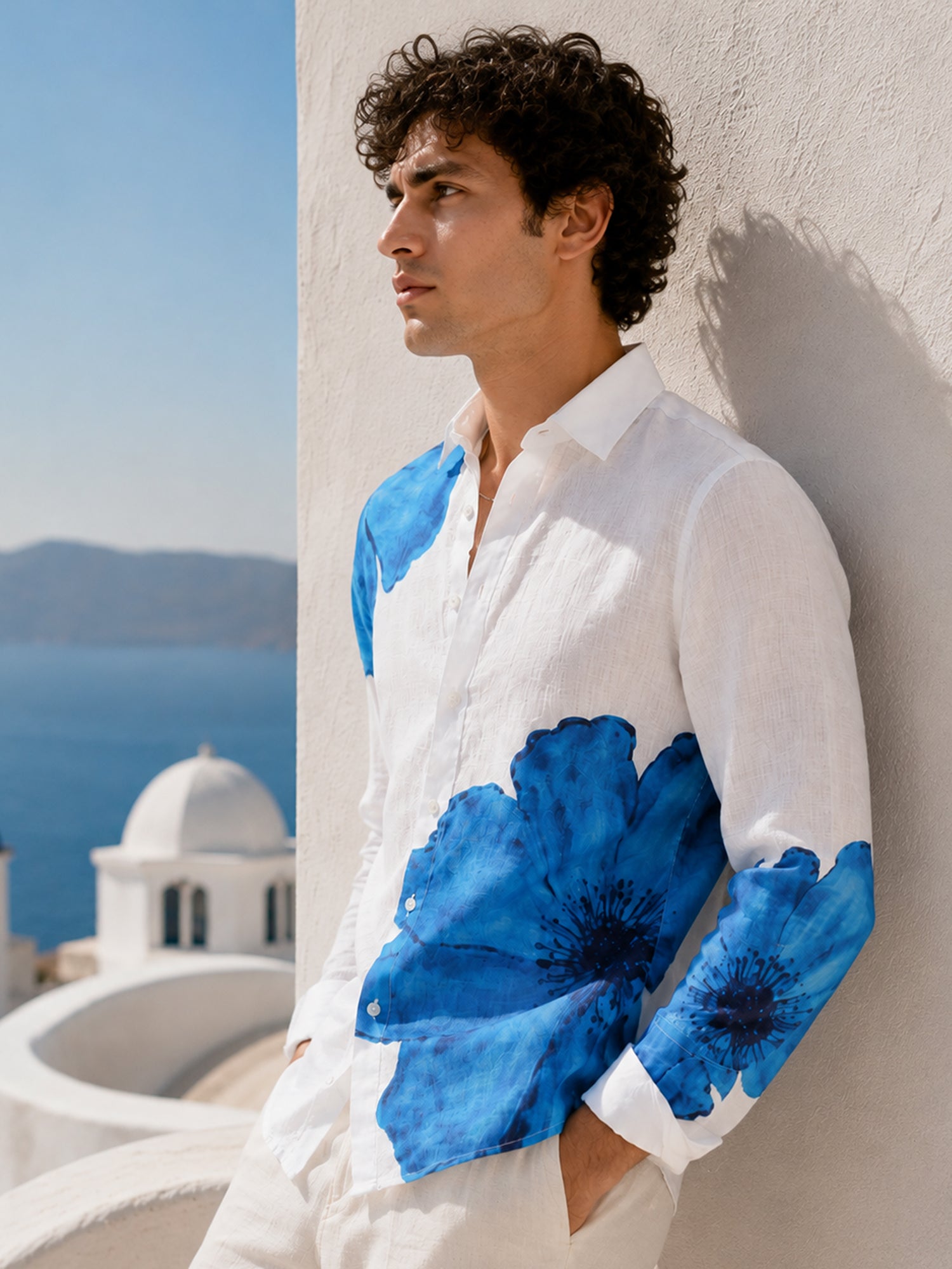 Men White Floral Full Sleeve Smart Casual Shirt