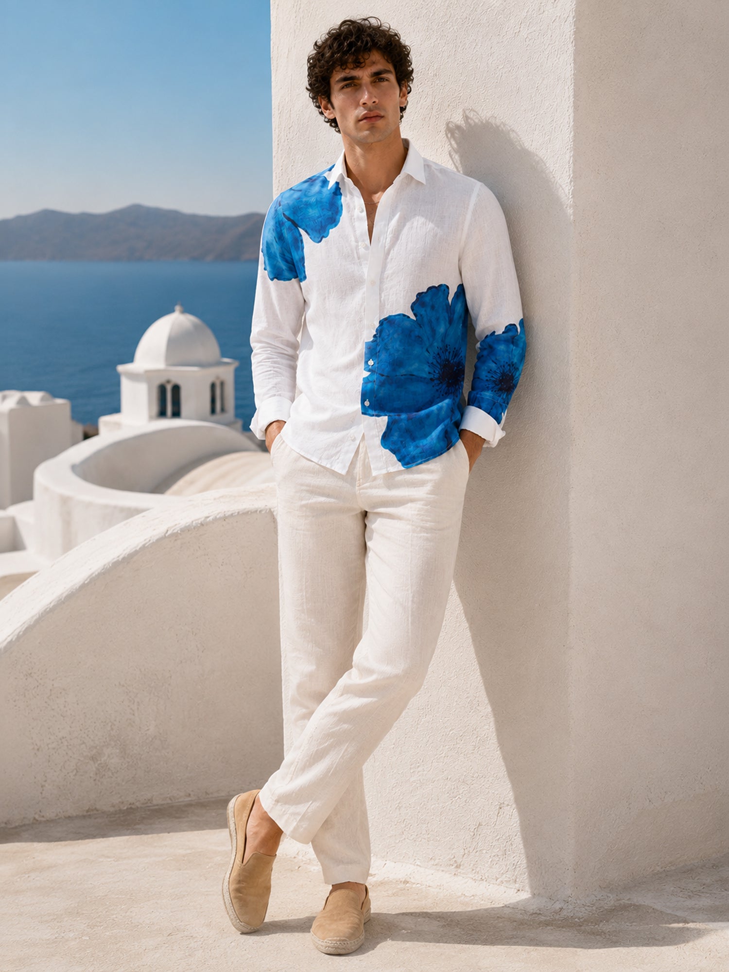 Men White Floral Full Sleeve Smart Casual Shirt
