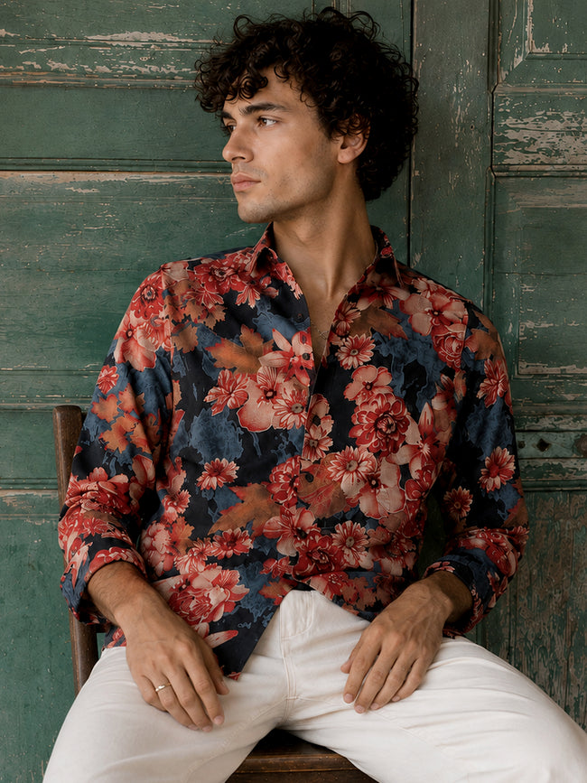 Men Black Floral Print Full Sleeve Casual Shirt