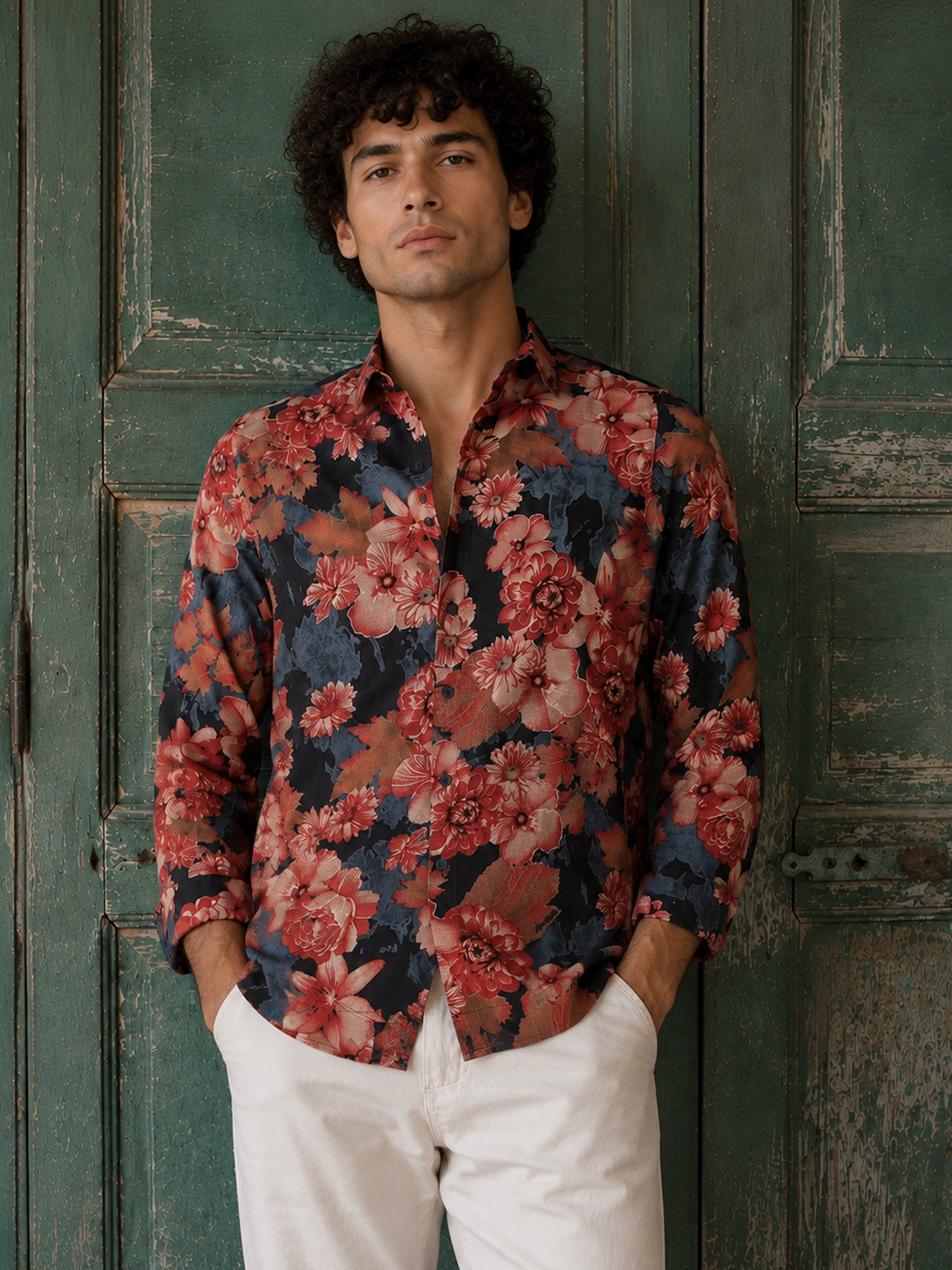 Men Black Floral Print Full Sleeve Casual Shirt