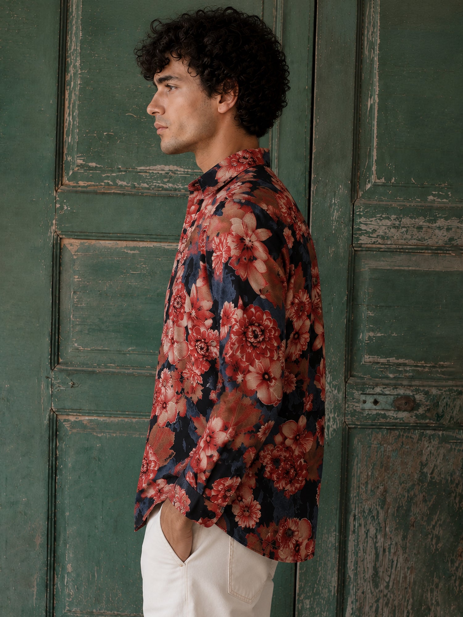 Men Black Floral Print Full Sleeve Casual Shirt