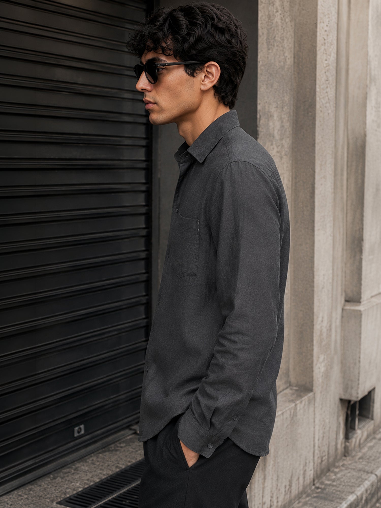 Men Charcoal Grey Self-Design Casual Shirt