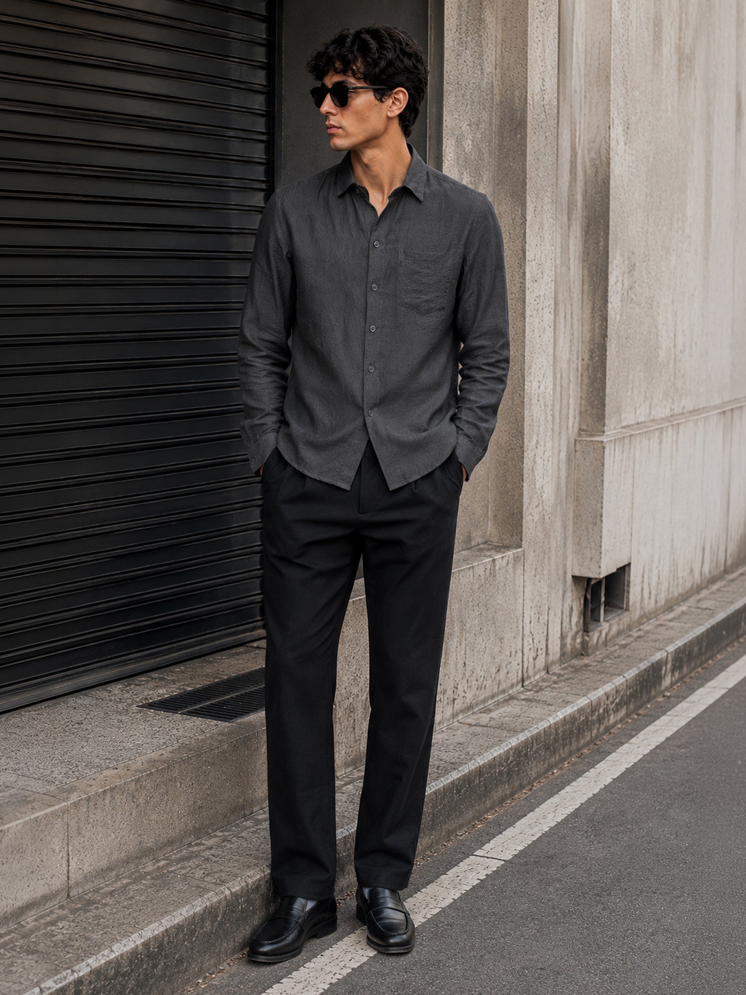 Men Charcoal Grey Self-Design Casual Shirt