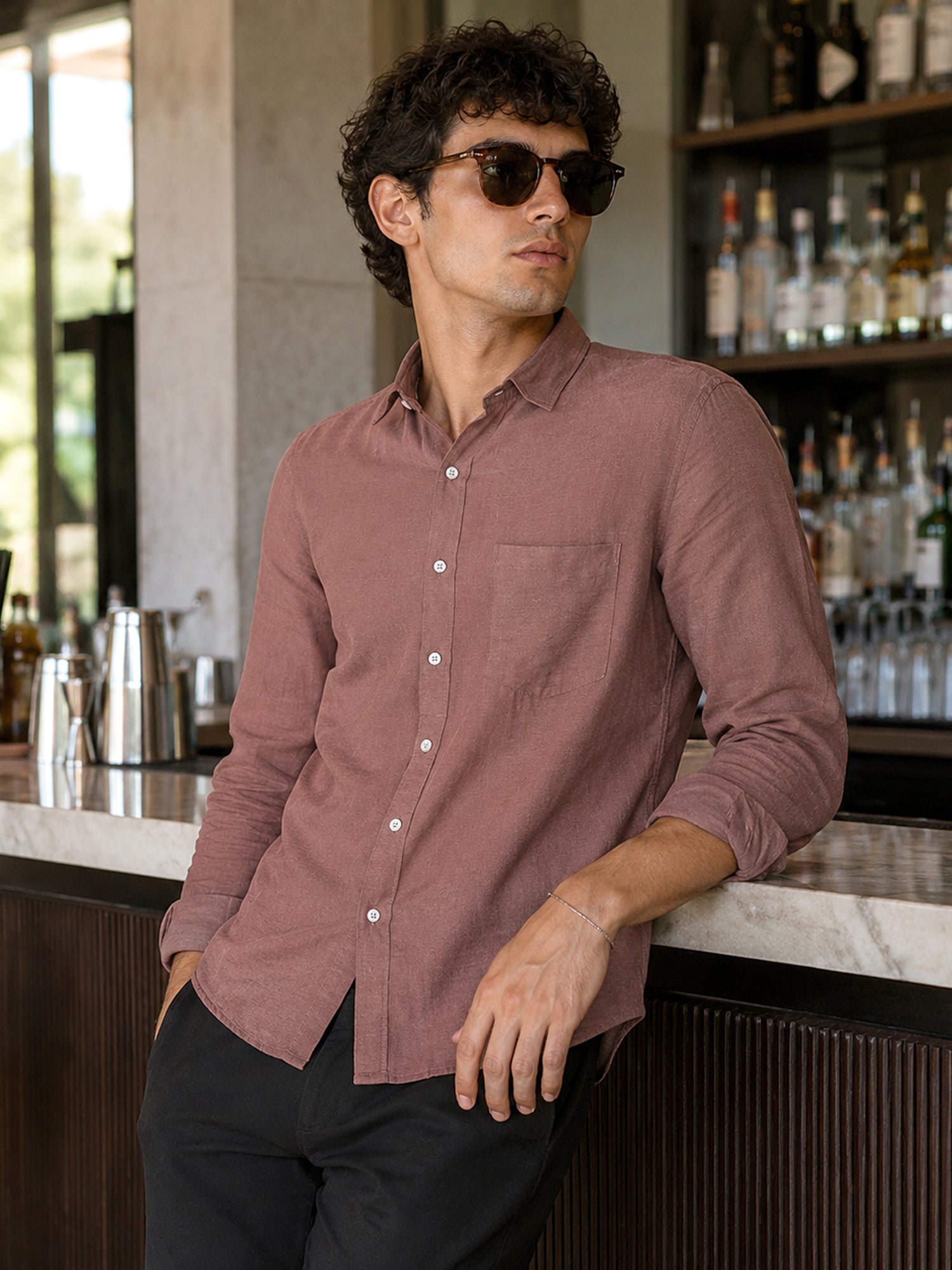 Men Mauve Solid Full Sleeve Casual Shirt