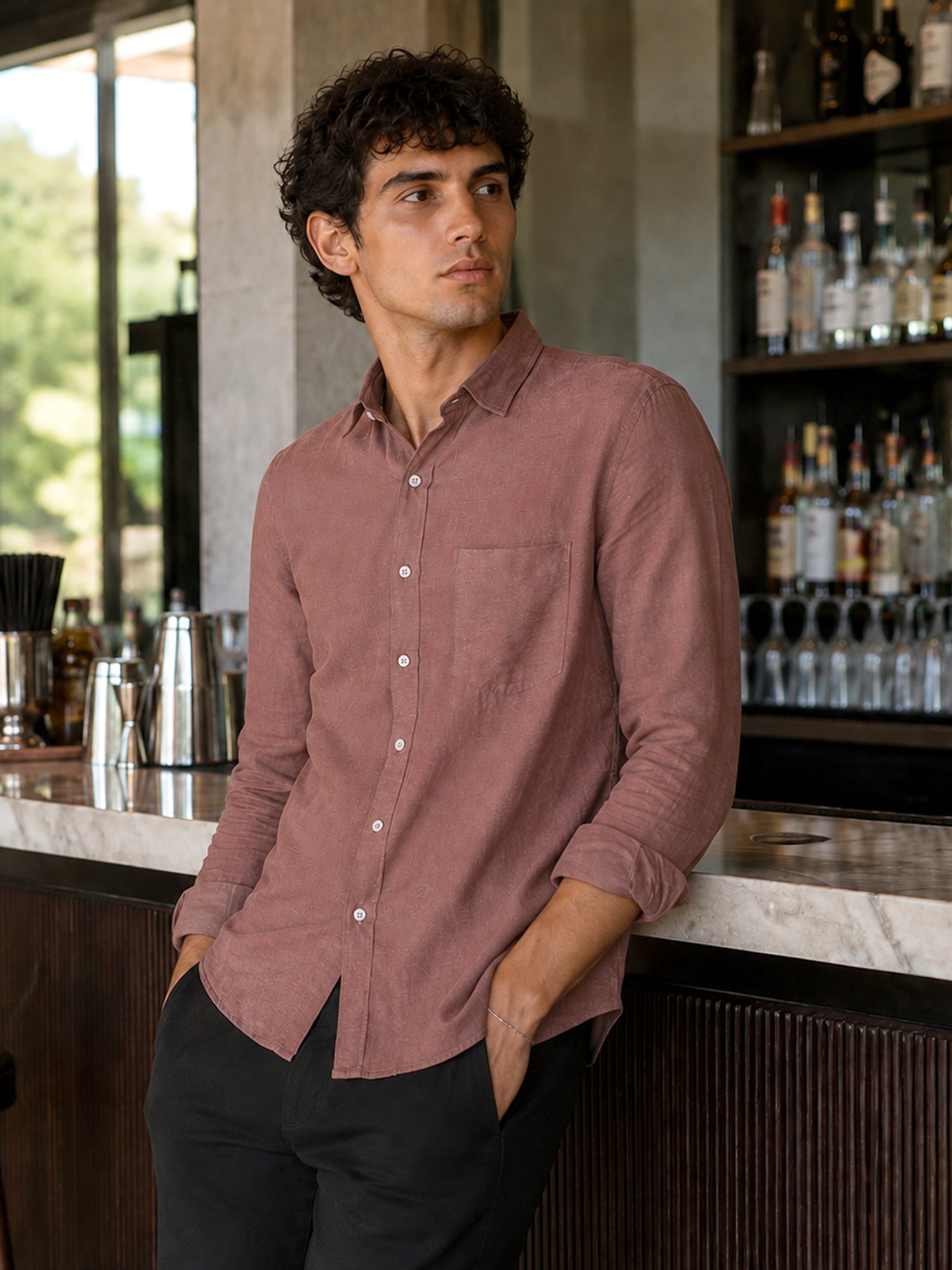 Men Mauve Solid Full Sleeve Casual Shirt