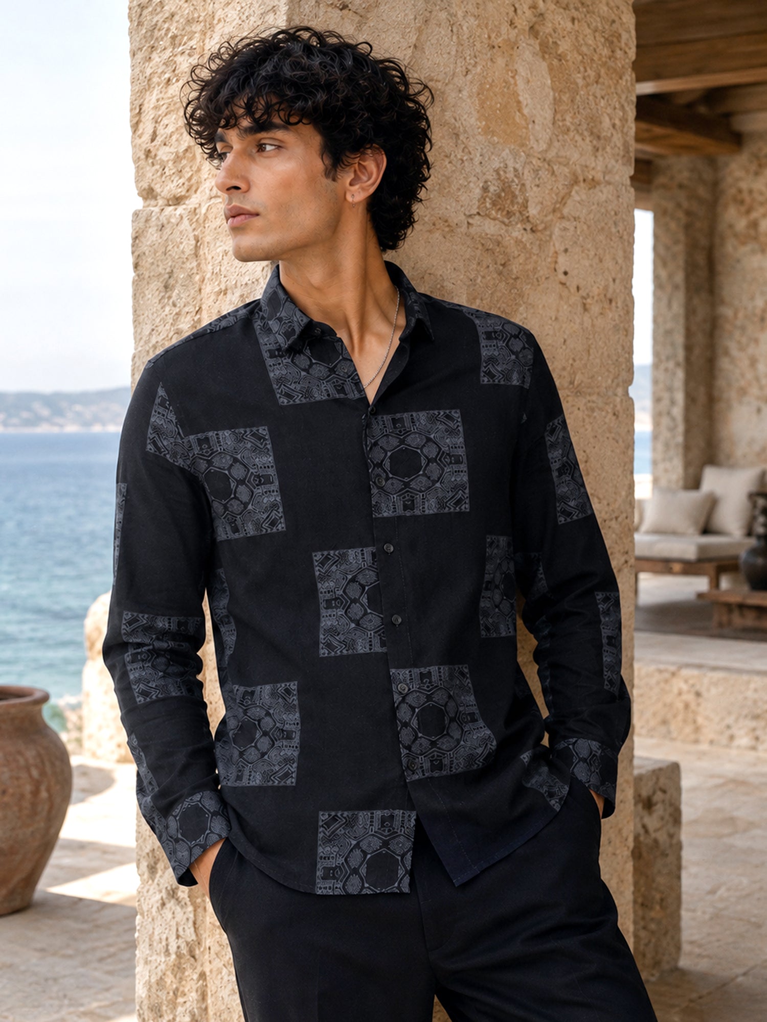 Men Navy Blue Geometric Print Shirt