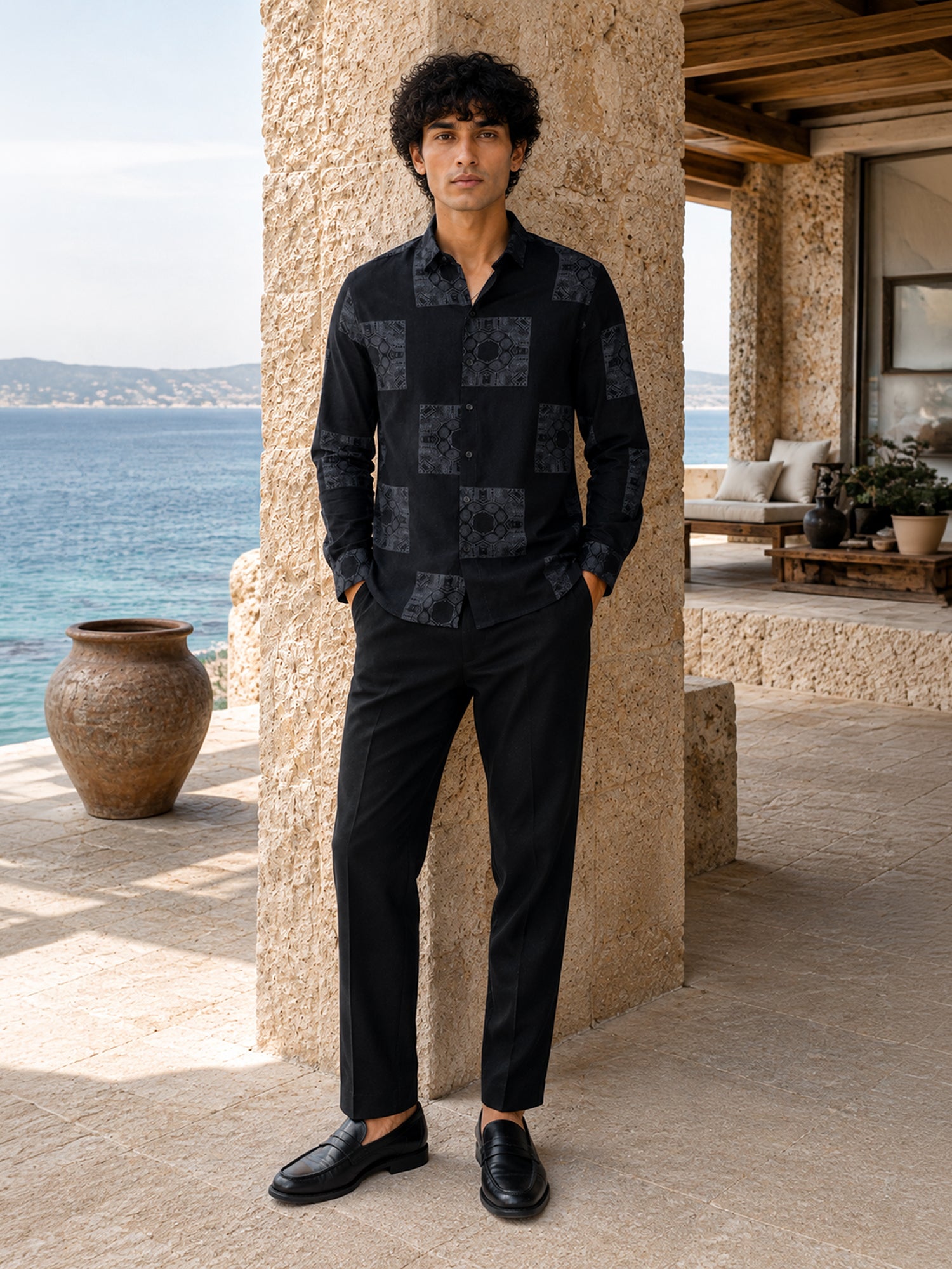 Men Navy Blue Geometric Print Shirt