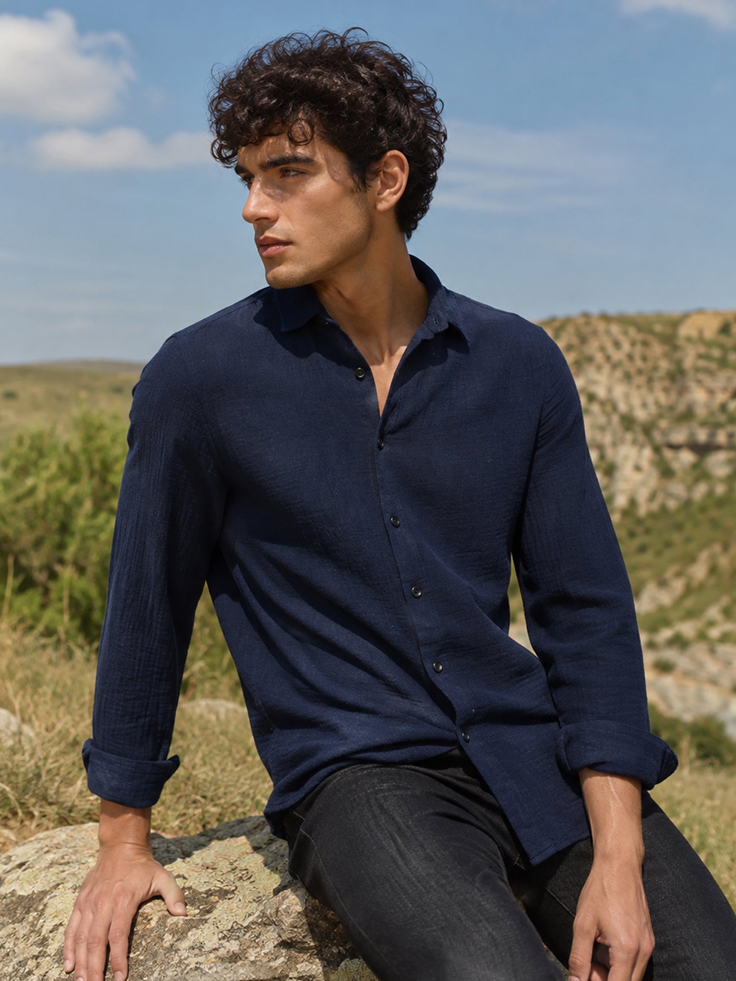 Men Navy Blue Solid Full Sleeve Casual Shirt
