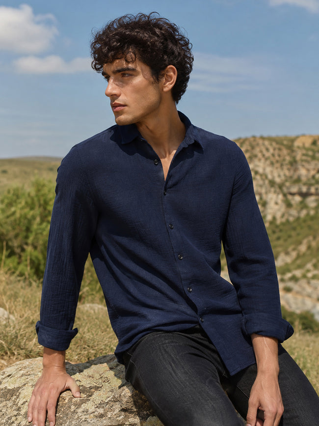 Men Navy Blue Solid Full Sleeve Casual Shirt