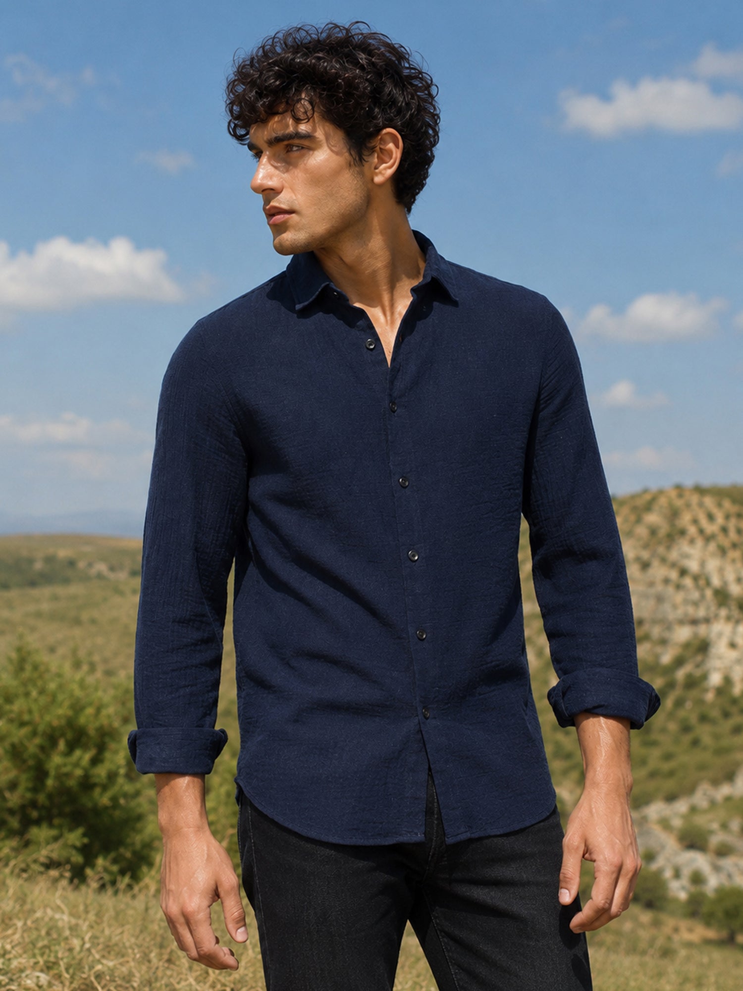 Men Navy Blue Solid Full Sleeve Casual Shirt